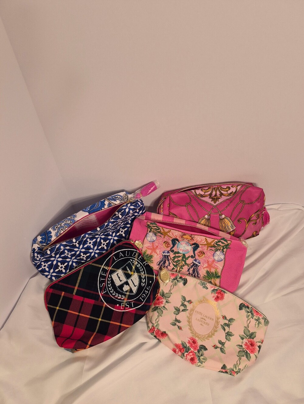 Lot Of 5 Estee Lauder Makeup Bags - Pink, Blue, Plaid